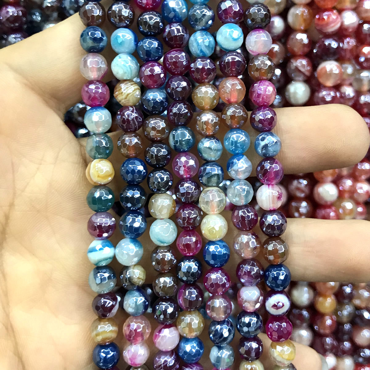 CAG865 Colorful Banded Agate Beads Electroplated Faceted Round 6mm 15" Strand