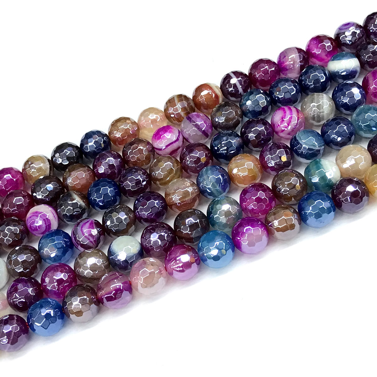 CAG866 Colorful Banded Agate Beads Electroplated Faceted Round 8mm 15" Strand