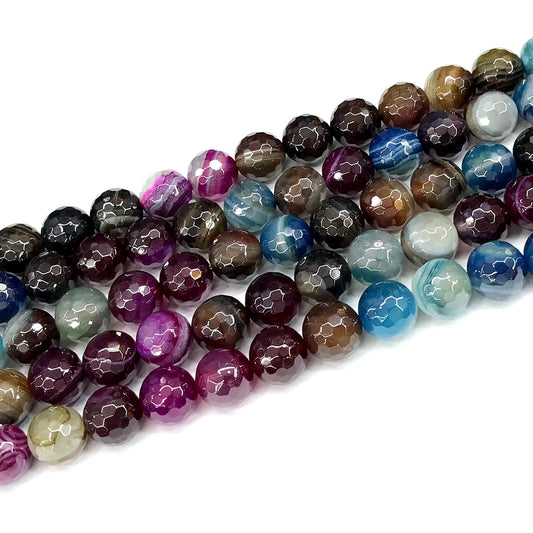 CAG867 Colorful Banded Agate Beads Electroplated Faceted Round 10mm 15" Strand