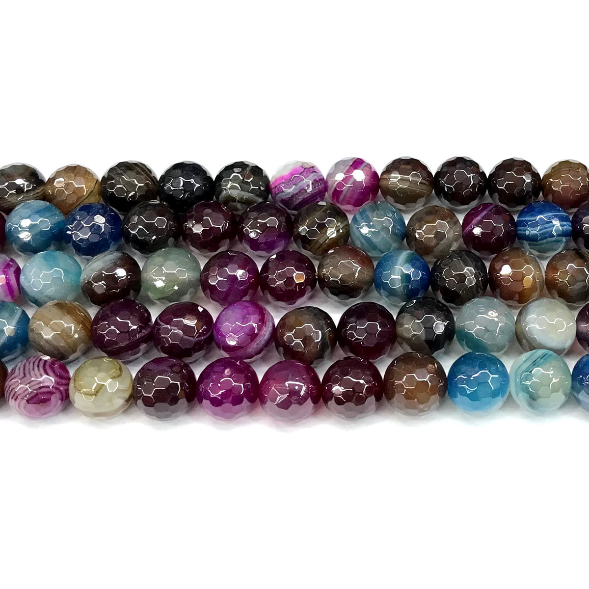 CAG867 Colorful Banded Agate Beads Electroplated Faceted Round 10mm 15" Strand