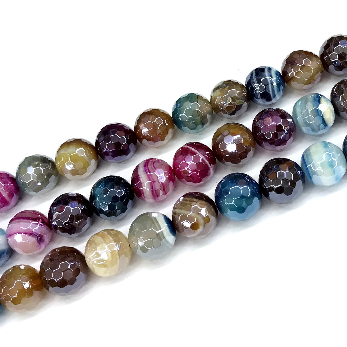 CAG868 Colorful Banded Agate Beads Electroplated Faceted Round 12mm 15" Strand