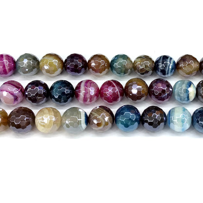 CAG868 Colorful Banded Agate Beads Electroplated Faceted Round 12mm 15" Strand