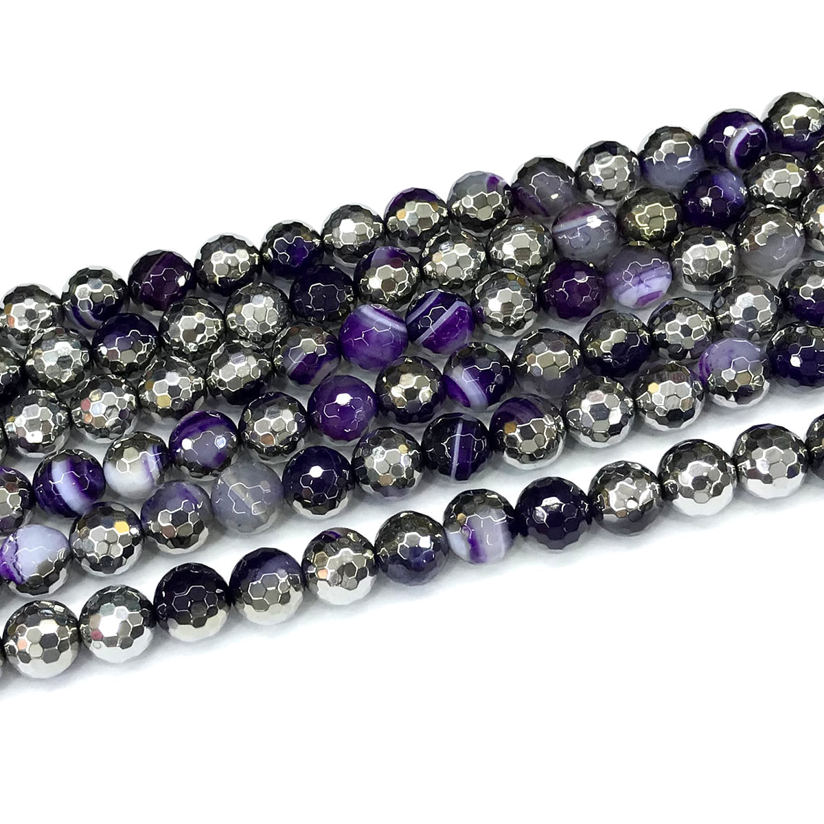 CAG871 Purple Banded Agate Beads Electroplated Faceted Round 8mm 15" Strand