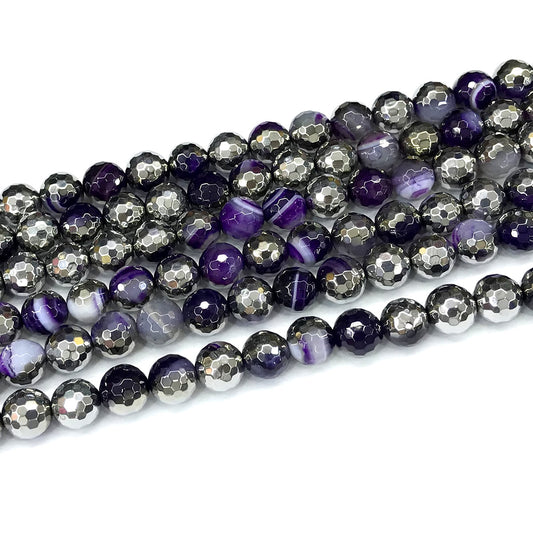 CAG871 Purple Banded Agate Beads Electroplated Faceted Round 8mm 15" Strand