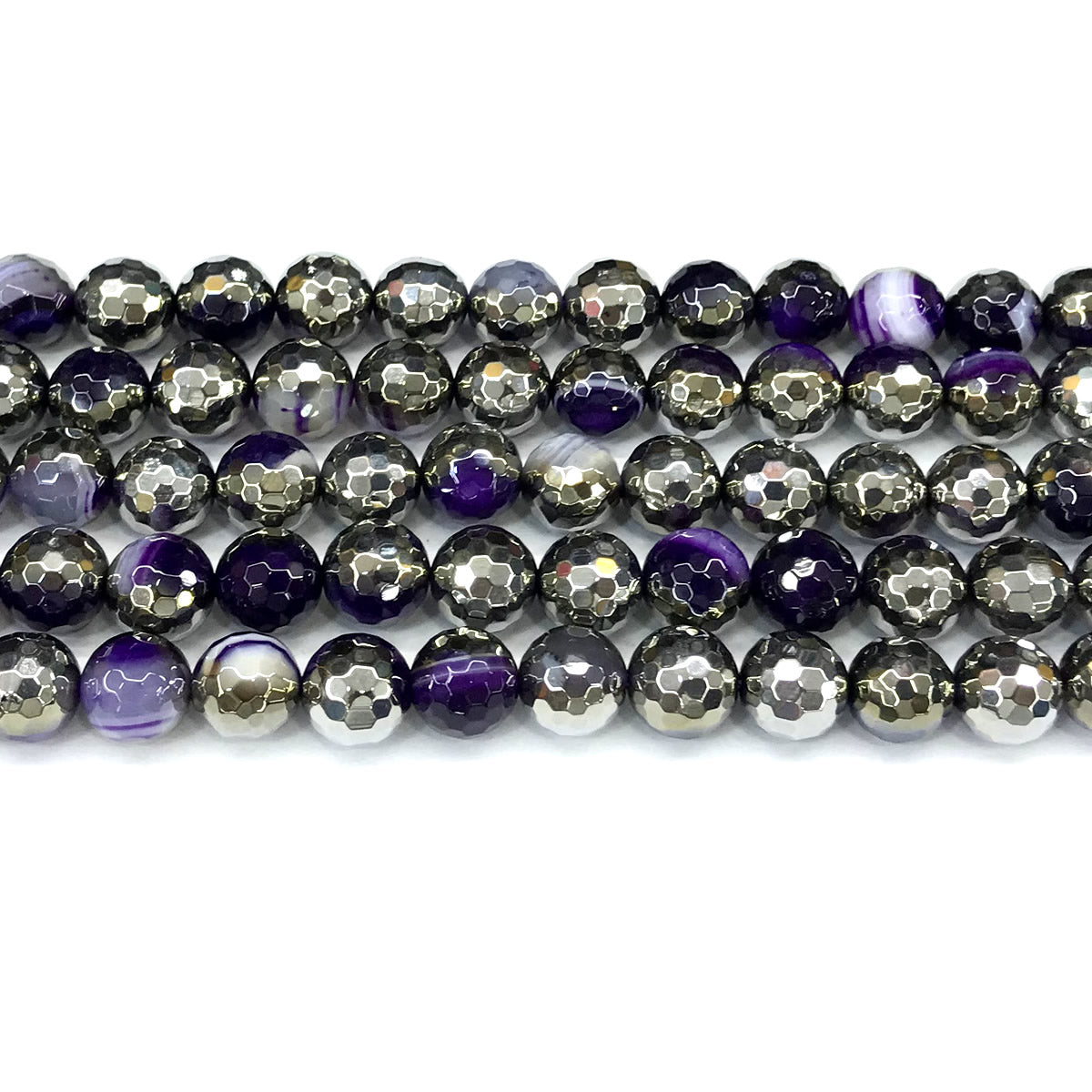 CAG872 Purple Banded Agate Beads Electroplated Faceted Round 10mm 15" Strand