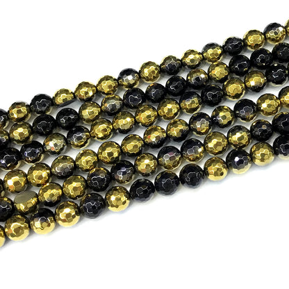 CAG880 Black Banded Agate Beads Electroplated Faceted Round 6mm 15" Strand