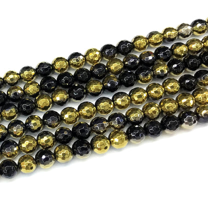 CAG881 Black Banded Agate Beads Electroplated Faceted Round 8mm 15" Strand