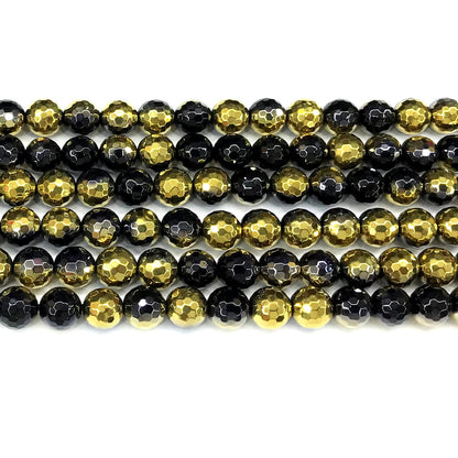 CAG881 Black Banded Agate Beads Electroplated Faceted Round 8mm 15" Strand