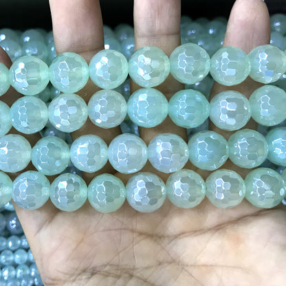 CAG888 Green Agate Beads Electroplated Faceted Round 12mm 15" Strand