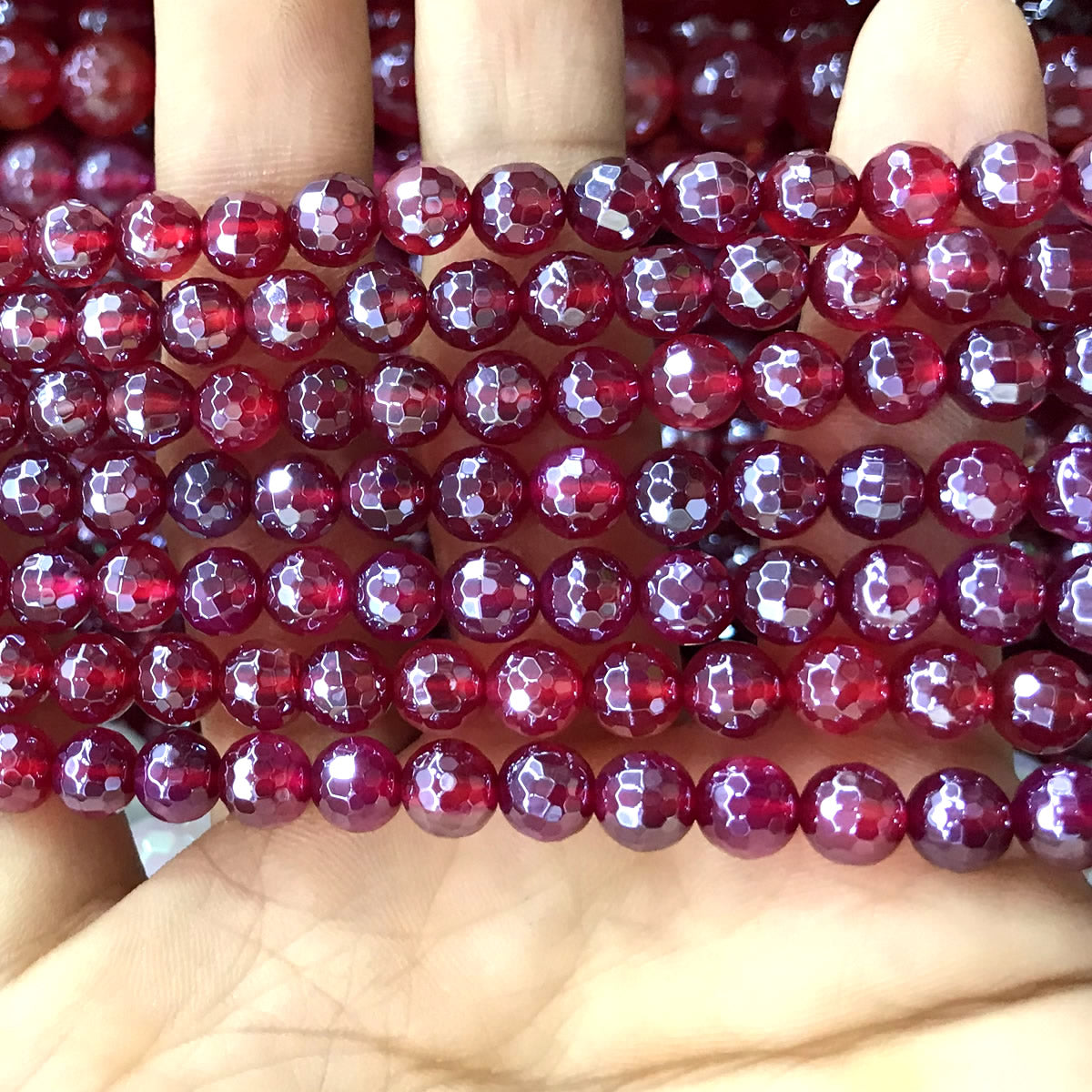 CAG890 Red Agate Beads Electroplated Faceted Round 6mm 15" Strand