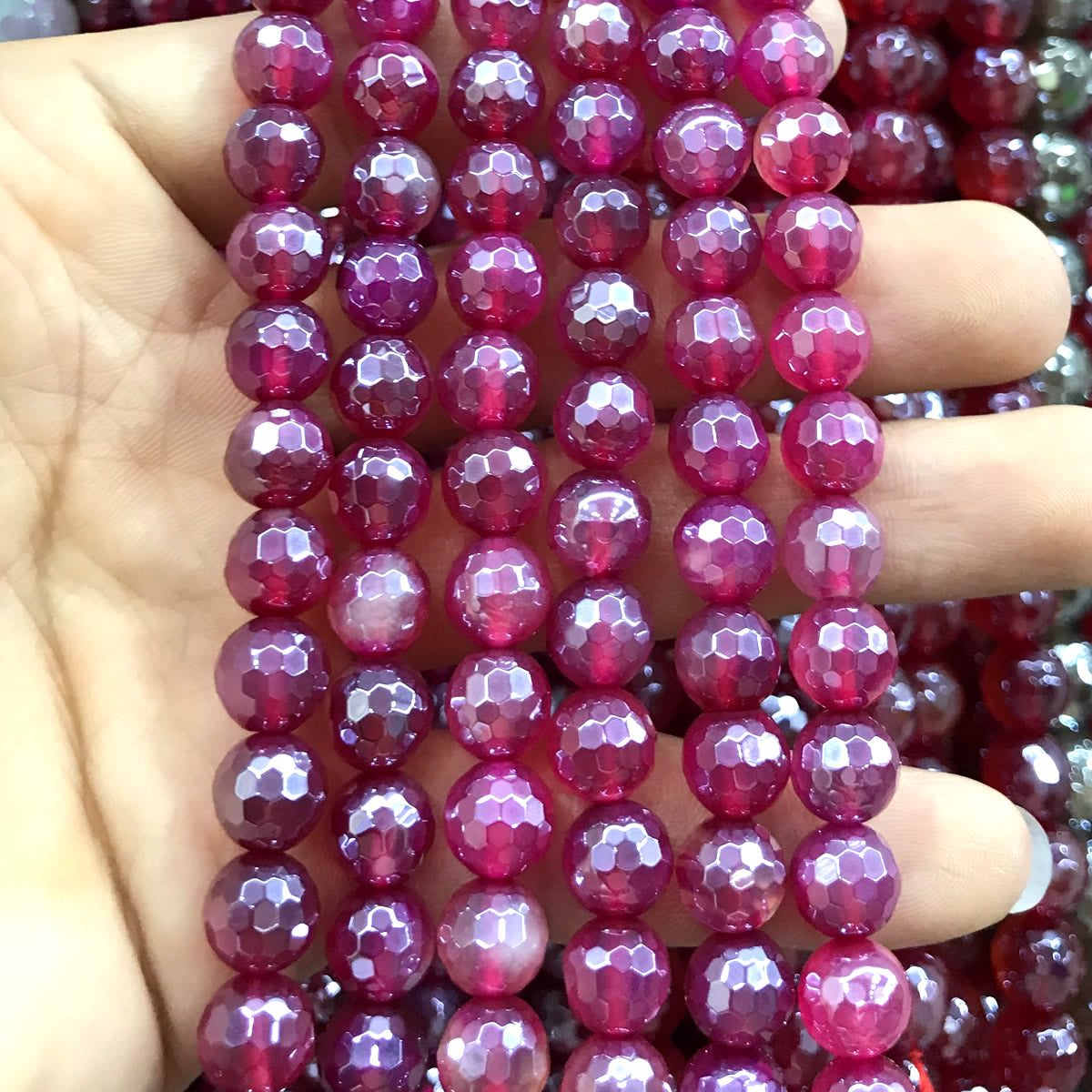 CAG891 Red Agate Beads Electroplated Faceted Round 8mm 15" Strand