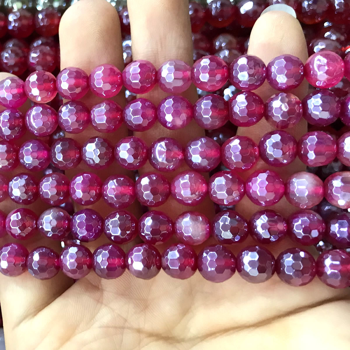 CAG891 Red Agate Beads Electroplated Faceted Round 8mm 15" Strand