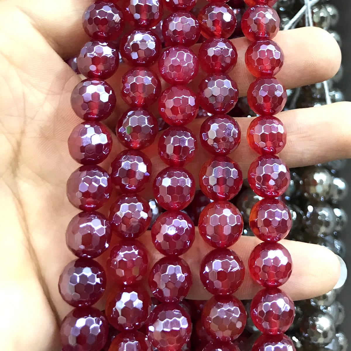 CAG892 Red Agate Beads Electroplated Faceted Round 10mm 15" Strand