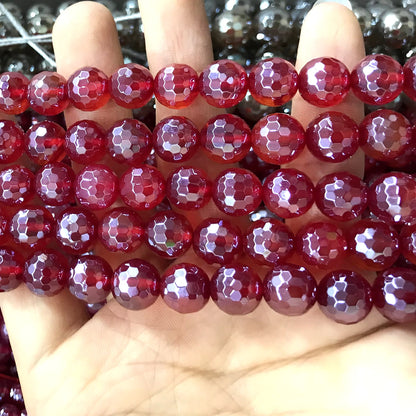 CAG892 Red Agate Beads Electroplated Faceted Round 10mm 15" Strand