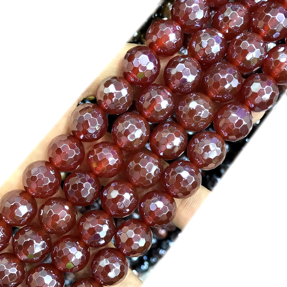 CAG893 Red Agate Beads Electroplated Faceted Round 12mm 15" Strand