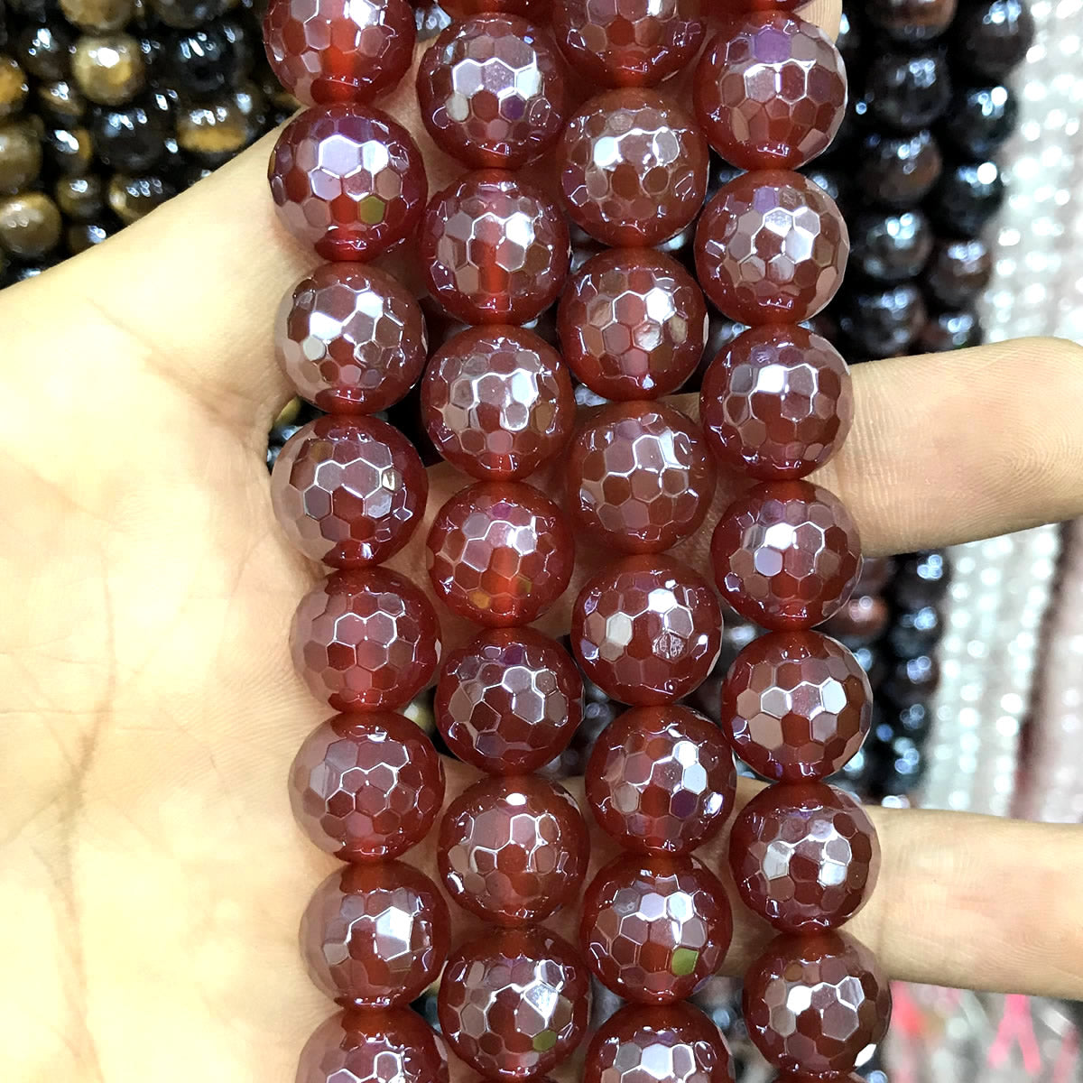 CAG893 Red Agate Beads Electroplated Faceted Round 12mm 15" Strand