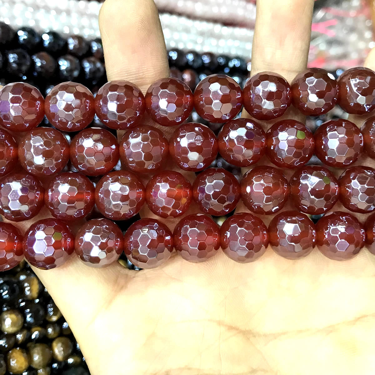 CAG893 Red Agate Beads Electroplated Faceted Round 12mm 15" Strand