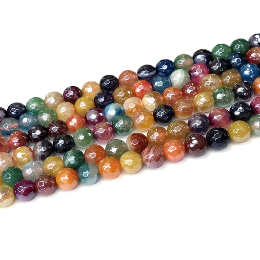 CAG911 Mixed Banded Agate Beads Electroplated Faceted Round 8mm 15" Strand