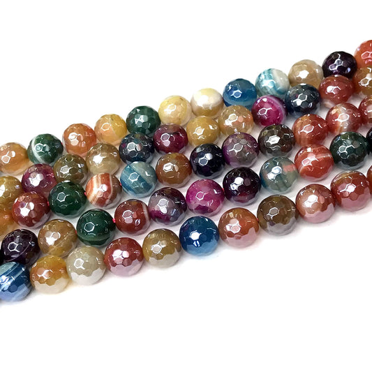 CAG912 Mixed Banded Agate Beads Electroplated Faceted Round 10mm 15" Strand