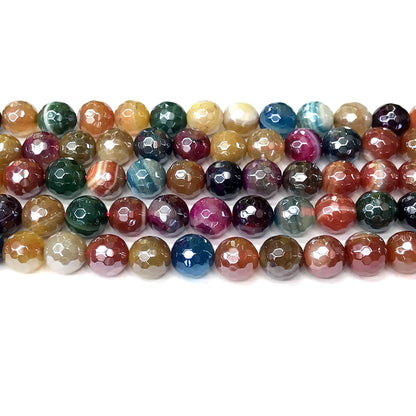 CAG912 Mixed Banded Agate Beads Electroplated Faceted Round 10mm 15" Strand