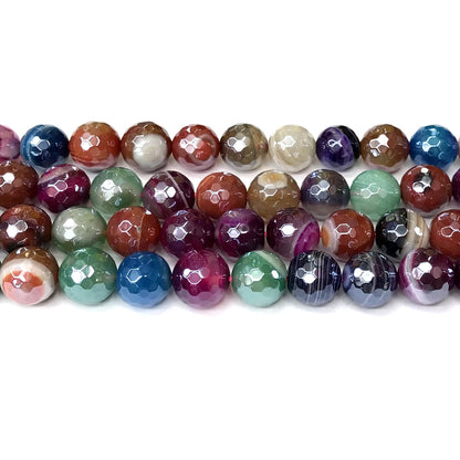 CAG913 Mixed Banded Agate Beads Electroplated Faceted Round 12mm 15" Strand