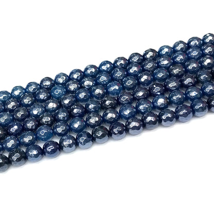 CAG921 Blue Agate Beads Electroplated Faceted Round 8mm 15" Strand