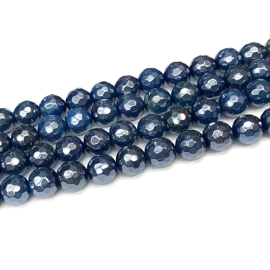 CAG923 Blue Agate Beads Electroplated Faceted Round 12mm 15" Strand