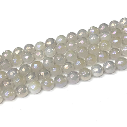 CAG937 White Agate Beads AB-Color Electroplated Faceted Round 10mm 15" Strand