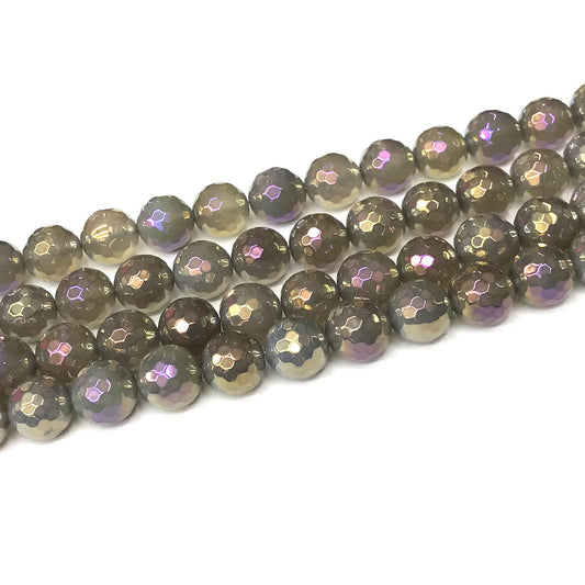 CAG948 Grey Agate Beads AB-Color Electroplated Faceted Round 12mm 15" Strand