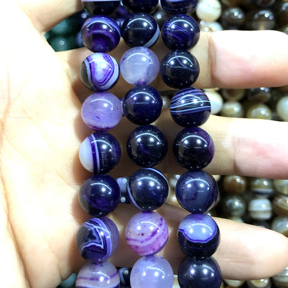 CAG974 Banded Agate Beads Smooth Round 12mm 15" Strand