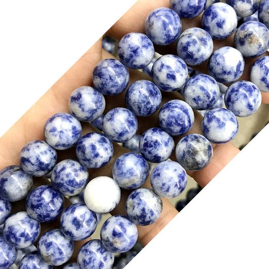 CBS04 Blue Spot Stone Beads Smooth Round 10mm 15.5" Strand