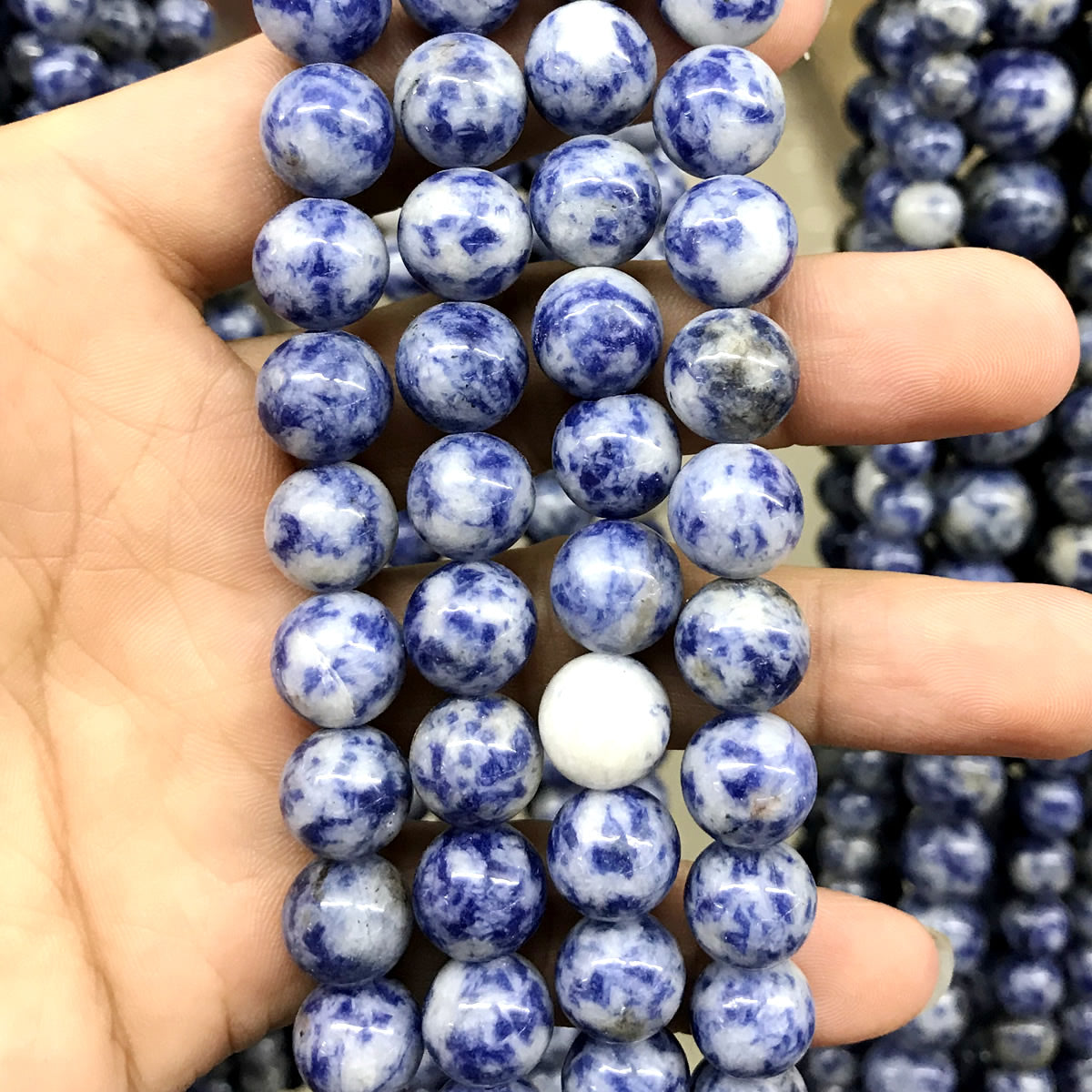 CBS04 Blue Spot Stone Beads Smooth Round 10mm 15.5" Strand