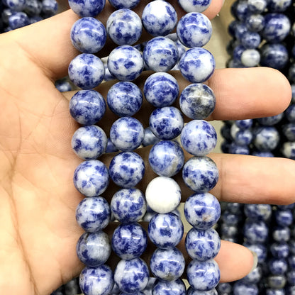 CBS04 Blue Spot Stone Beads Smooth Round 10mm 15.5" Strand