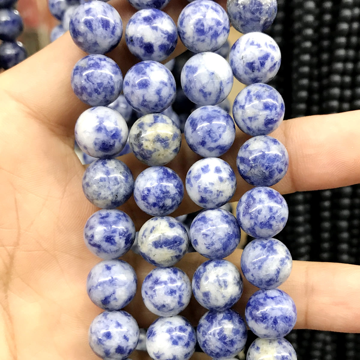 CBS05 Blue Spot Stone Beads Smooth Round 12mm 15.5" Strand