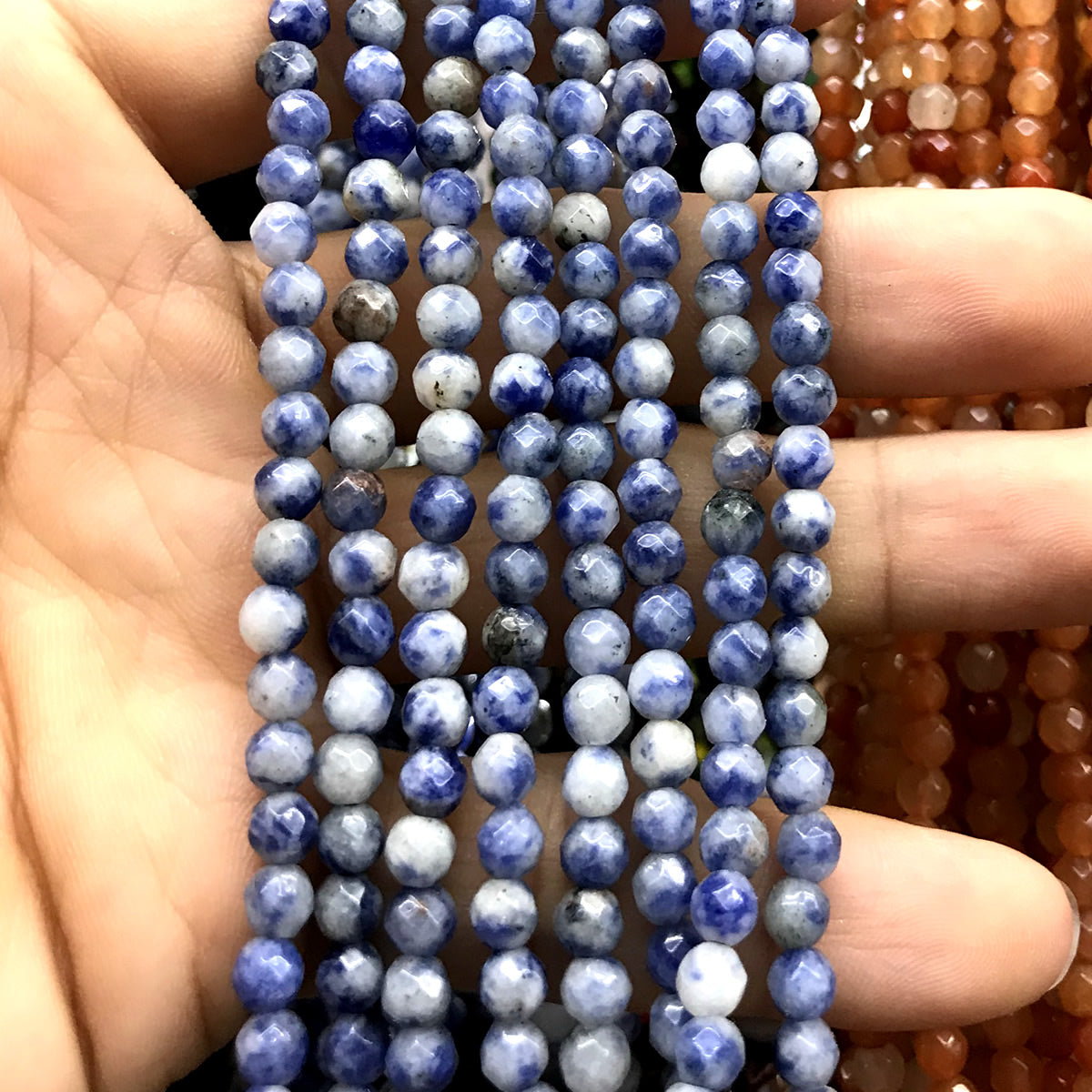 CBS07 Blue Spot Stone Beads Faceted Round 4mm 15" Strand