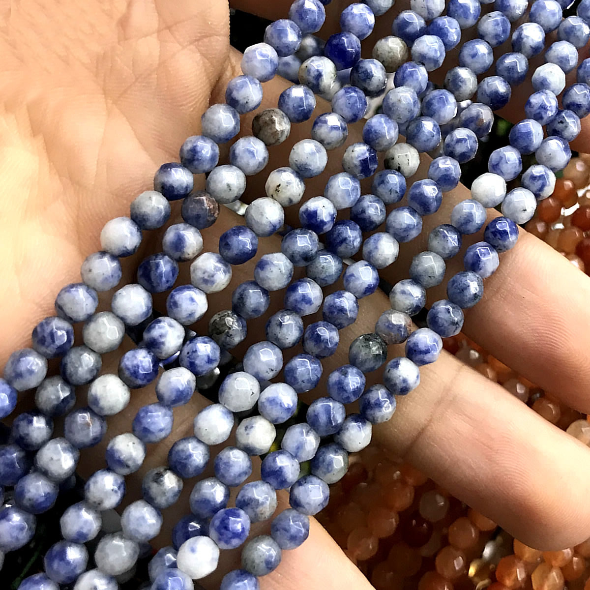 CBS07 Blue Spot Stone Beads Faceted Round 4mm 15" Strand