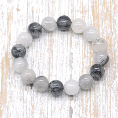 CGB10 Black Rutilated Quartz Beads Stretch Bracelet Smooth Round 10mm 12mm