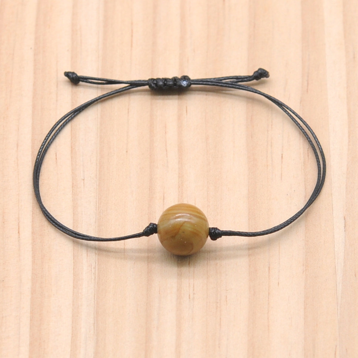 CGB1026 Handmade Yellow Wood Grain Jasper Adjustable Bracelet Smooth Round 12mm