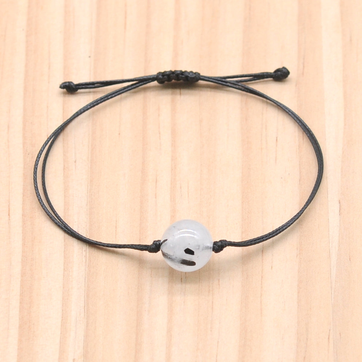 CGB1090 Handmade Black Rutilated Quartz Adjustable Bracelet Smooth Round 12mm