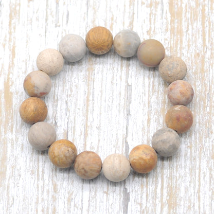 CGB156 Fossil Coral Beads Stretch Bracelet Matte Round 10mm 12mm