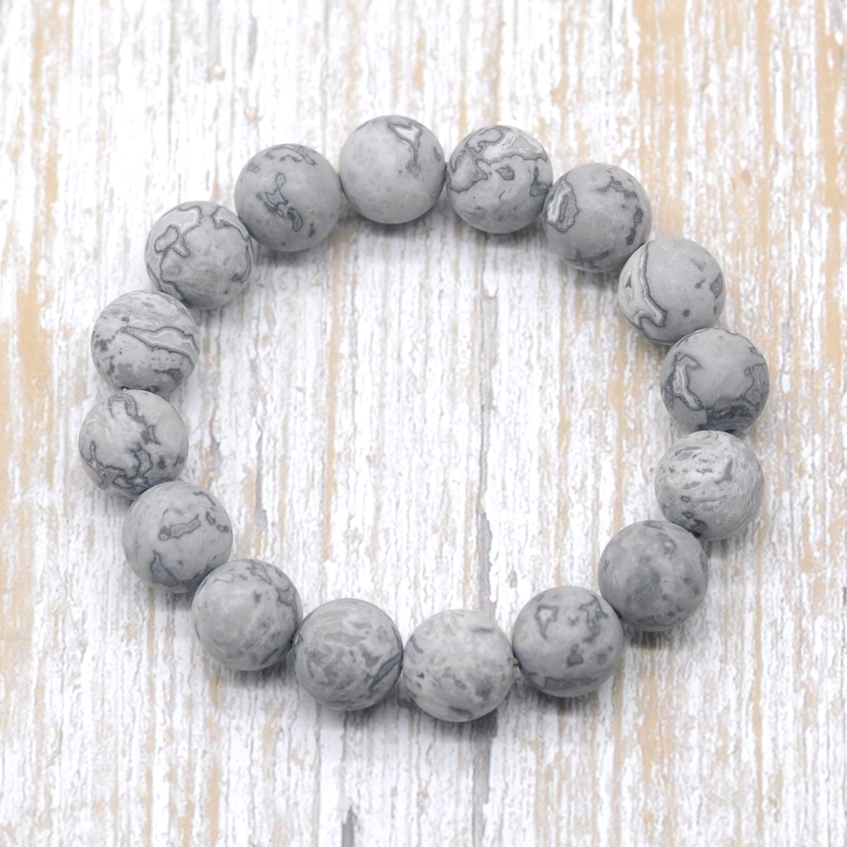 CGB167 Grey Picture Jasper Beads Stretch Bracelet Matte Round 10mm 12mm