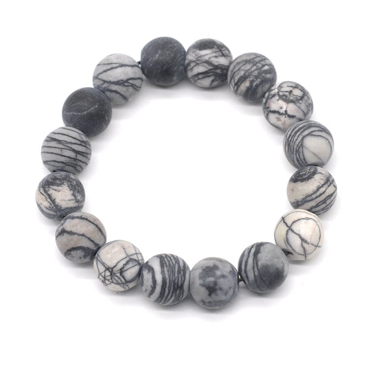 CGB168 Black Net Jasper Beads Stretch Bracelet Matte Round 10mm 12mm