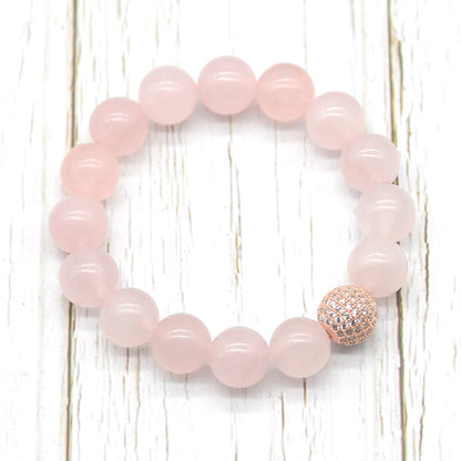 CGB202 Rose Quartz With Zircon Ball Stretch Bracelet Round 10mm 12mm