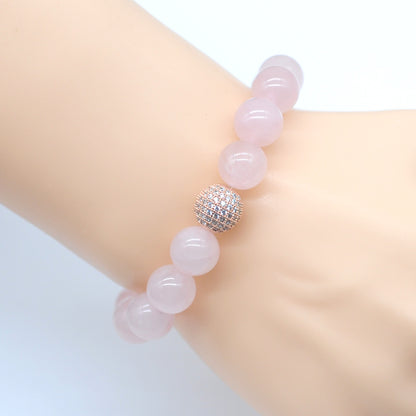 CGB202 Rose Quartz With Zircon Ball Stretch Bracelet Round 10mm 12mm