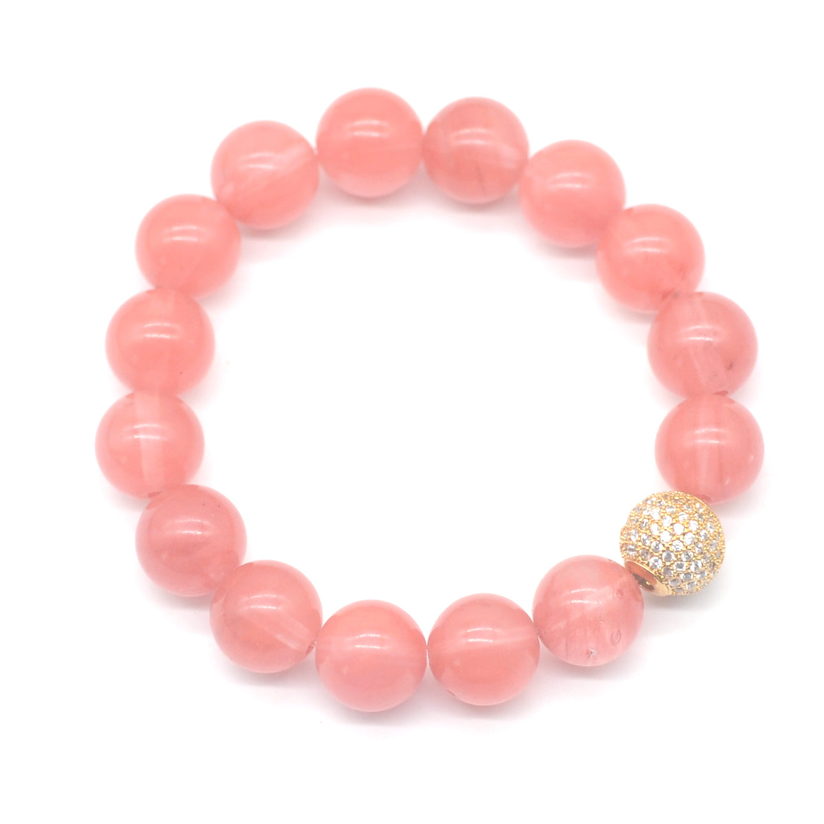 CGB203 Cherry Quartz With Zircon Ball Stretch Bracelet Round 10mm 12mm