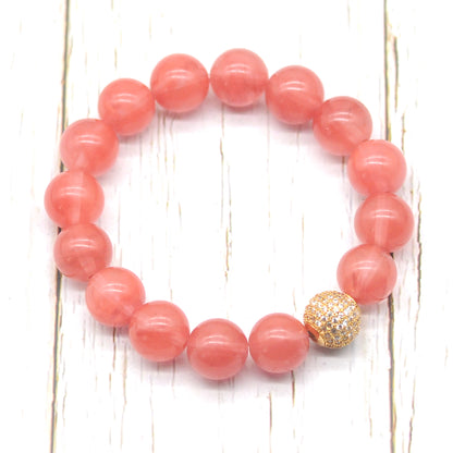 CGB203 Cherry Quartz With Zircon Ball Stretch Bracelet Round 10mm 12mm