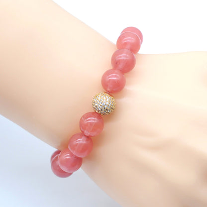 CGB203 Cherry Quartz With Zircon Ball Stretch Bracelet Round 10mm 12mm