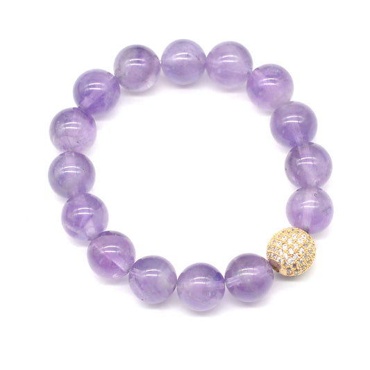 CGB204 Light Amethyst With Zircon Ball Stretch Bracelet Round 10mm 12mm