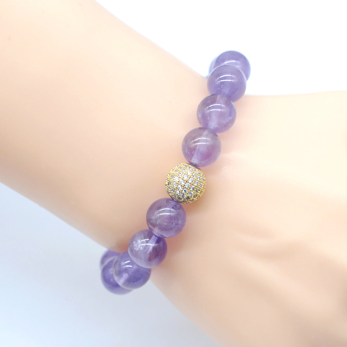 CGB204 Light Amethyst With Zircon Ball Stretch Bracelet Round 10mm 12mm