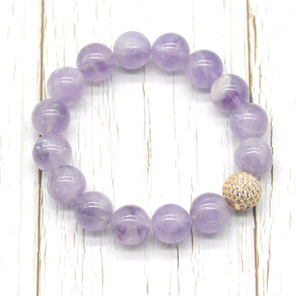 CGB205 Lavender Amethyst With Zircon Ball Stretch Bracelet Round 10mm 12mm